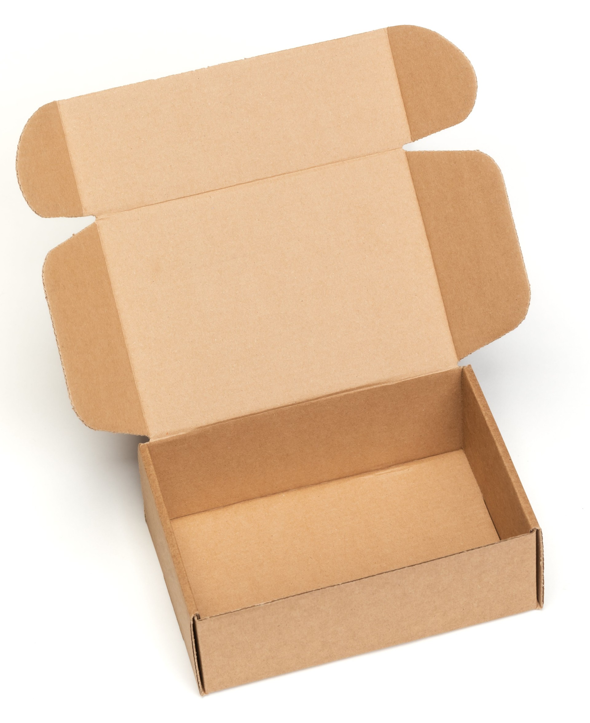 Open empty mailer carton box on white